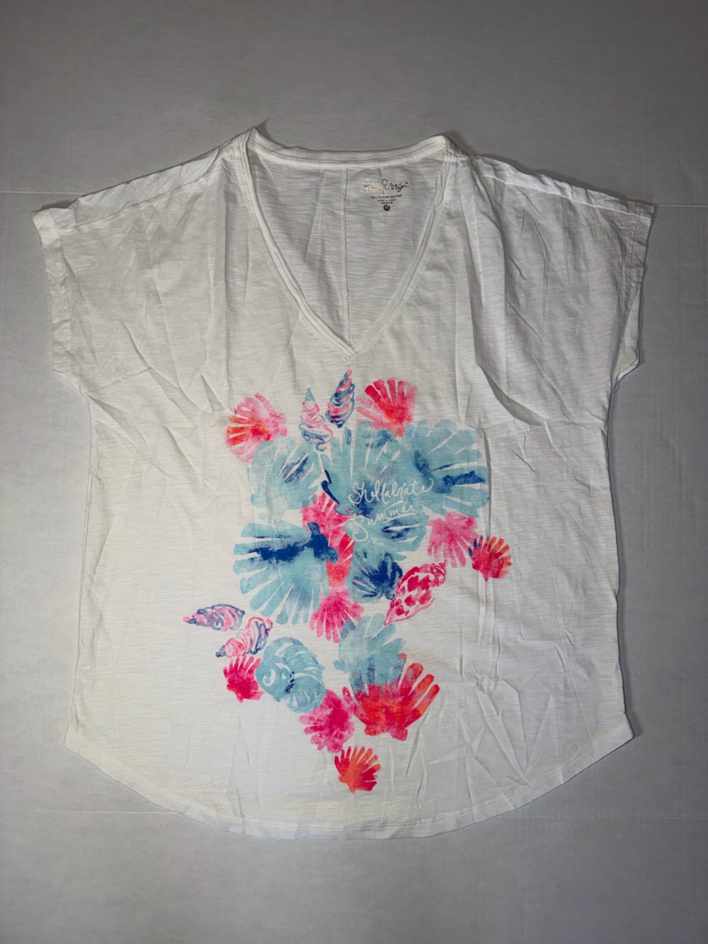 Lilly Pulitzer White Tee with Aqua and Pink Shell Motif